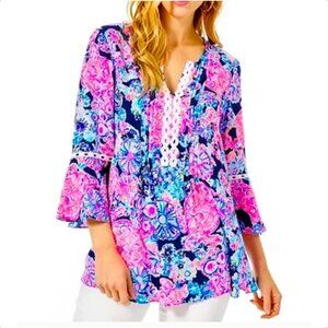 Lilly Pulitzer Hollie Tunic Blouse High Tide Navy Turtle Amazement Size L EUC